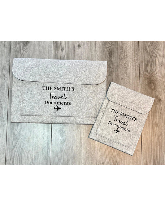 Custom Travel Essentials Pouch, Personalised Grey Felt Folder, Document Holder, Travel Wallet, Gift for Him or Her, Organiser Case, Holiday