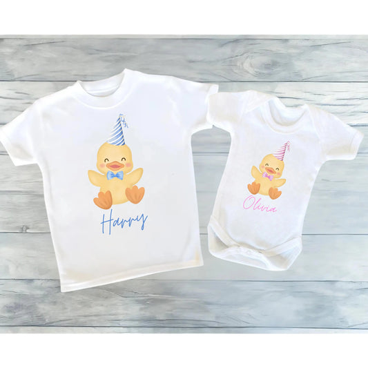 Personalised Duck Birthday T Shirt or Baby Bodysuit, Custom Name Tee, Kids Birthday Outfit, Duck Party Shirt, Girls or Boys Gift