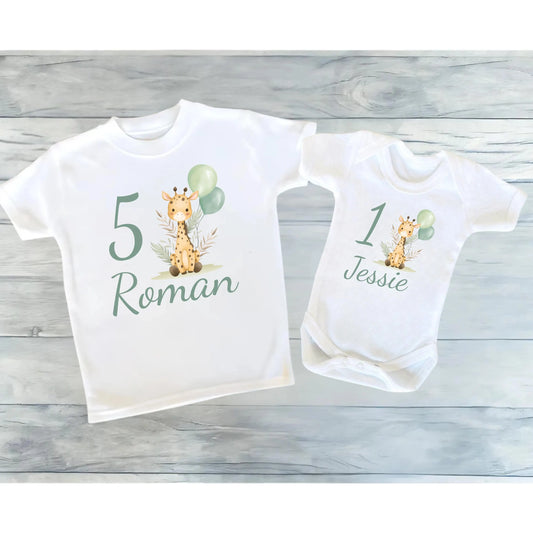 Personalised Giraffe Birthday T Shirt or Baby Bodysuit, Custom Name and Age Tee, Kids Birthday Outfit, Giraffe Party Shirt Gift