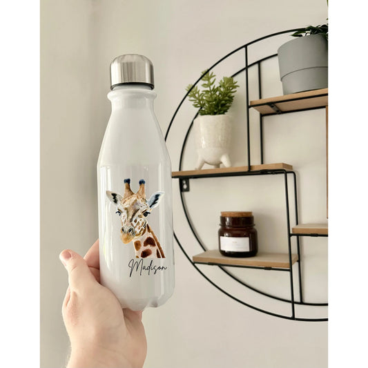 Personalised Giraffe Water Bottle, Custom Kids Drink Bottle with Name, Cute Animal Reusable Bottle for School, Birthday Gift