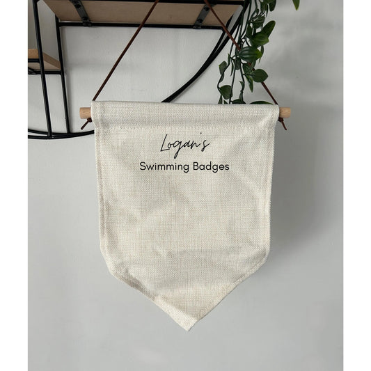 Personalised Swimming Badge Holder Pennant, Custom Name Hanging Banner For Swim Badges, Kids Room Display, Swimming Award Organizer