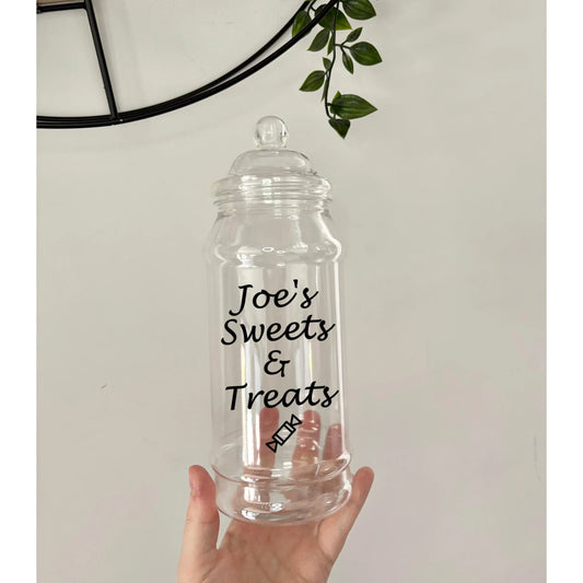 Personalized Plastic Jar, Custom Name Sweets and Treats Container, Candy Storage Jar, Reusable Treats Jar, Gift for Sweet Lovers