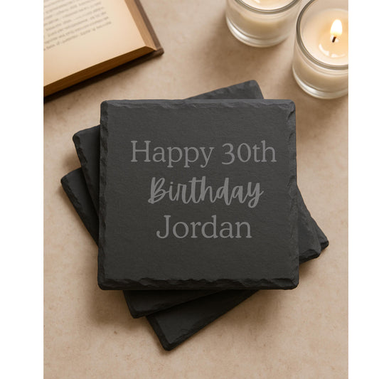 Personalised Happy Birthday Slate Coaster, Custom Name and Age, Engraved Stone Drinks Coaster, Unique Birthday Gift for Him or Her