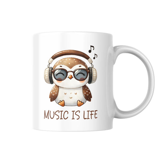 Music Is Life Owl Mug, Cute Owl with Headphones Coffee Cup, Music Lover Gift, Owl Lover Present, Funny Music Mug for Musicians and DJs