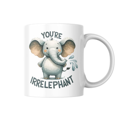 You’re Irrelephant Mug, Funny Elephant Lover Gift, Cute Animal Coffee Cup, Humour Pun Mug for Her or Him, Novelty Elephant Mug