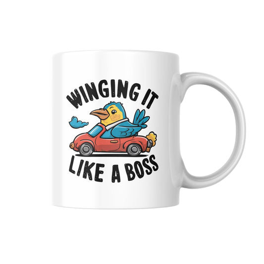 Winging It Like a Boss Mug, Funny Bird Lover Gift, Cute Animal Coffee Cup, Humour Pun Mug for Her or Him, Novelty Bird Mug