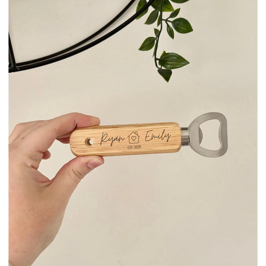 Personalised Wooden Engraved Bottle Opener, Custom Couples’ Names with Established Date and House Design, Anniversary or New Home Gift