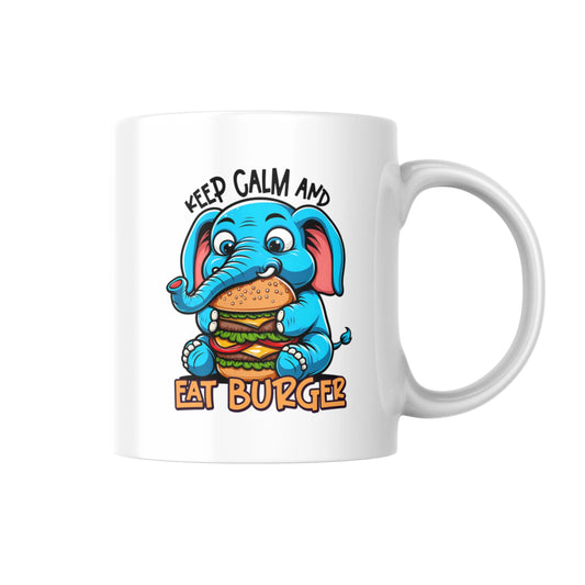 Keep Calm and Eat Burger Mug, Funny Elephant Coffee Cup, Cute Animal Humor Gift, Quirky Tea Mug, Humorous Food Lover Present, UK Gift
