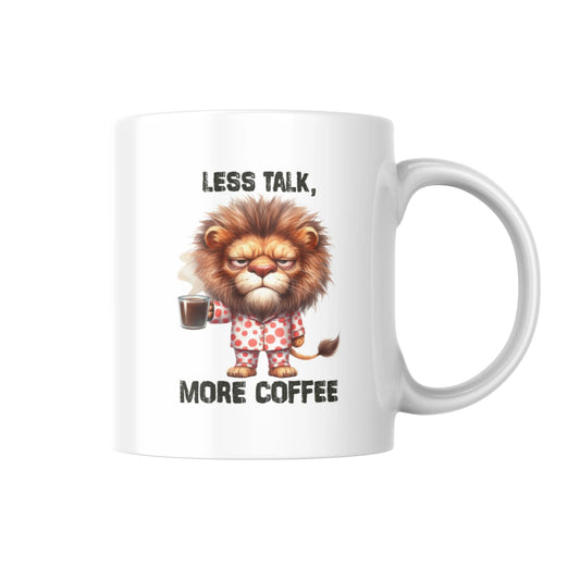Less Talk More Coffee Mug, Funny Tired Lion Coffee Cup, Cute Animal Humor Gift, Quirky Tea Mug, Humorous UK Present for Coffee Lovers
