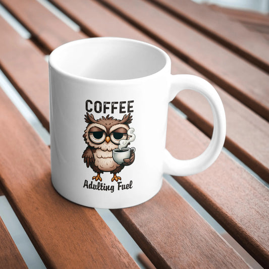 Coffee Adulting Fuel Mug, Funny Owl Coffee Cup, Cute Animal Mug for Coffee Lovers, Morning Humor Gift for Mum or Friend