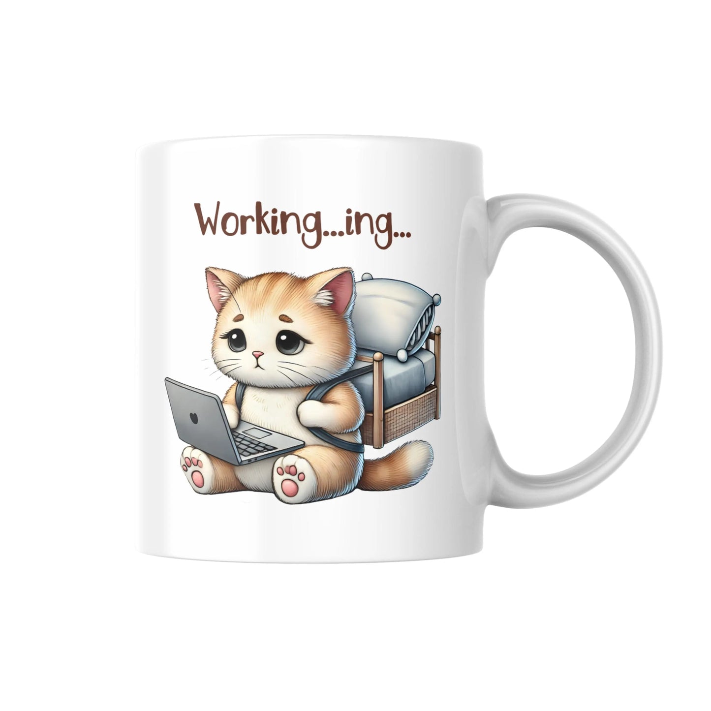 Funny Cat Working Mug, Cat on Laptop with Bed Backpack, Working...ing... Coffee Cup, Cute Cat Lover Gift, Work from Home Mug, Lazy Cat Cup