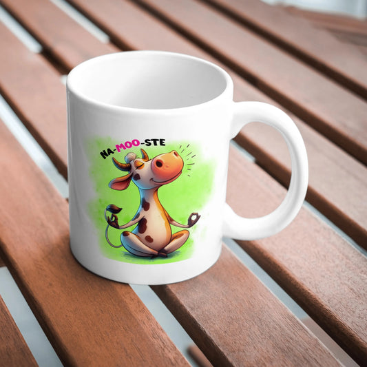 Na-Moo-Ste Mug, Funny Cow Coffee Cup, Cute Animal Mug for Yoga and Coffee Lovers, Humorous Gift for Mum, Friend or Cow Lover