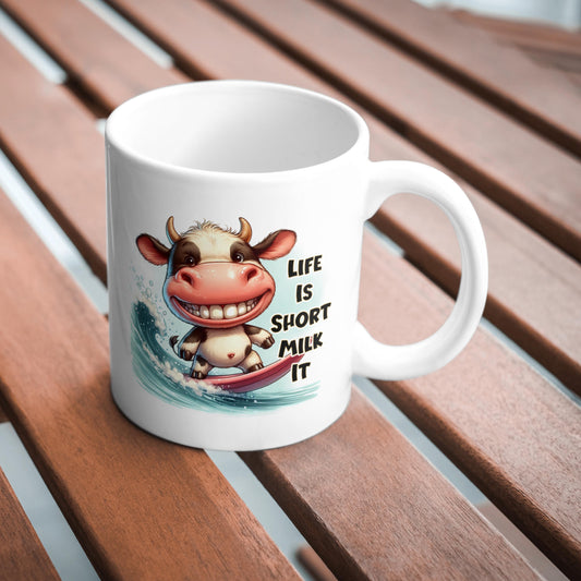 Life Is Short Milk It Mug, Funny Cow Coffee Cup, Cute Animal Mug for Coffee Lovers, Humorous Gift for Mum, Friend or Cow Lover