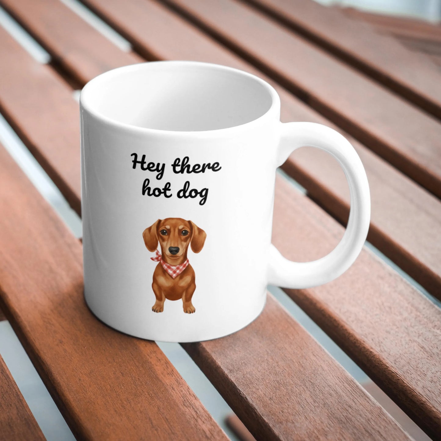 Hey There Hot Dog Mug, Ginger Sausage Dog Coffee Cup, Funny Dachshund Gift, Cute Wiener Dog Mug for Mum, Dog Lover Present, Doxie Cup