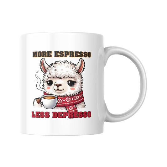 More Espresso Less Depresso Mug, Funny Llama Coffee Cup, Cute Animal Mug for Coffee Lovers, Morning Humor Gift for Mum or Friend