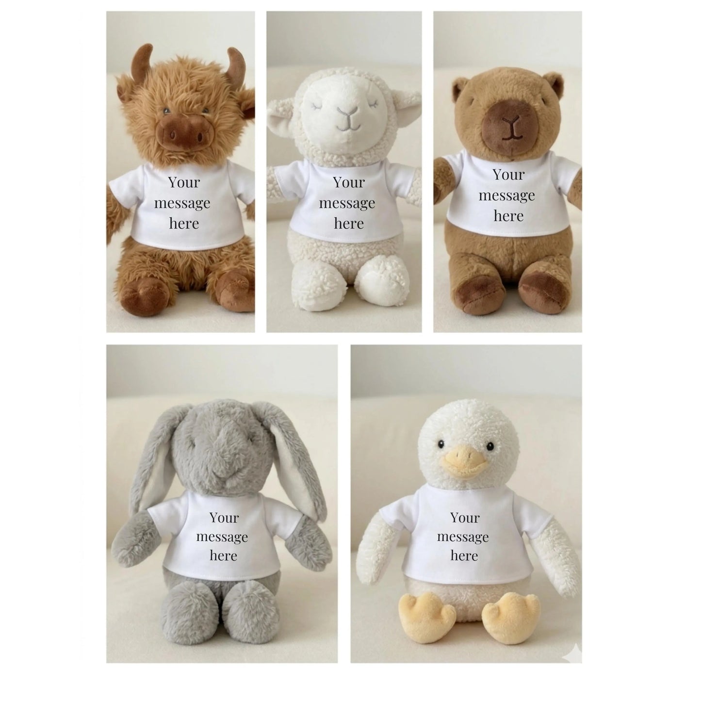 Personalised Capybara Highland Cow Bunny Plush / Custom Message Stuffed Animal / New Baby Gift, Friend Birthday, Quirky Cute Cuddly Toy
