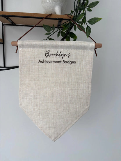 Personalised Achievement Badge Holder Pennant, Custom Name Hanging Banner For Achievement Badges, Kids Room Display,  Award Organizer