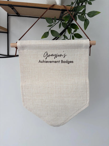 Personalised Achievement Badge Holder Pennant, Custom Name Hanging Banner For Achievement Badges, Kids Room Display,  Award Organizer