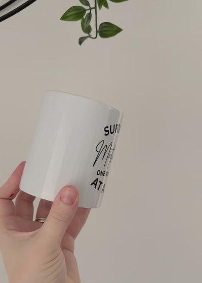 Surviving Motherhood Mug, Funny Mum Life Mug UK, One Breakdown at a Time, Relatable Mum Gift, Tired Mum Coffee Cup, Mum Humour Present