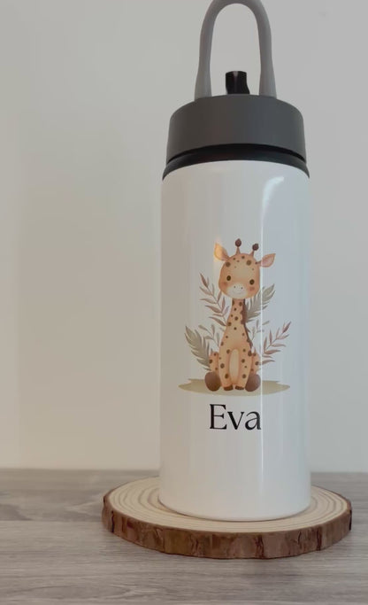 Personalisierte Giraffenflasche, Flasche im Giraffenstil, Text auf der Flasche, Schulflasche, aufgedruckter Name, personalisierte Flasche, Flaschenumdrehung, Giraffengeschenk