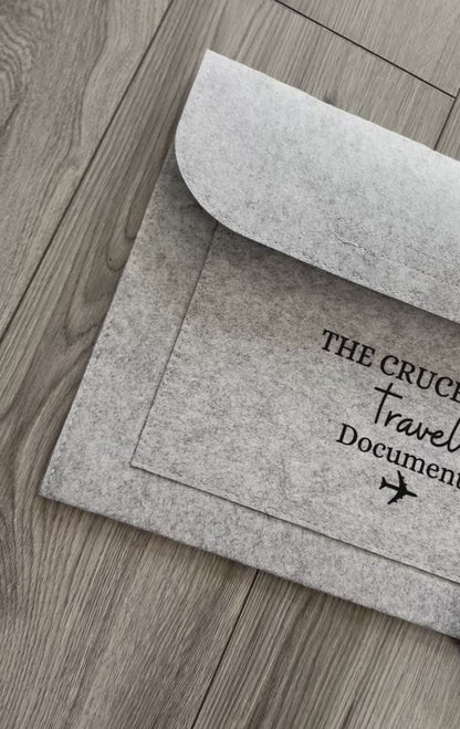Custom Travel Essentials Pouch, Personalised Grey Felt Folder, Document Holder, Travel Wallet, Gift for Him or Her, Organiser Case, Holiday