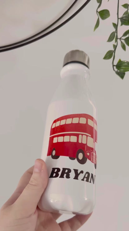 Custom Bus & Name Bottle, 650ml Bottle, Boys Bottle, Present Bottle, Personalised Bottle, Drink Bottle, Bus, Red Bus Bottle, Children Bottle