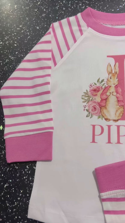 Personalised Girls Pyjamas, Name On Pjs, Personalised Pjs, Custom Pjs, Night Wear, Sleepwear, Rabbit Named Pjs, Pink Stripped, Rabbit Style